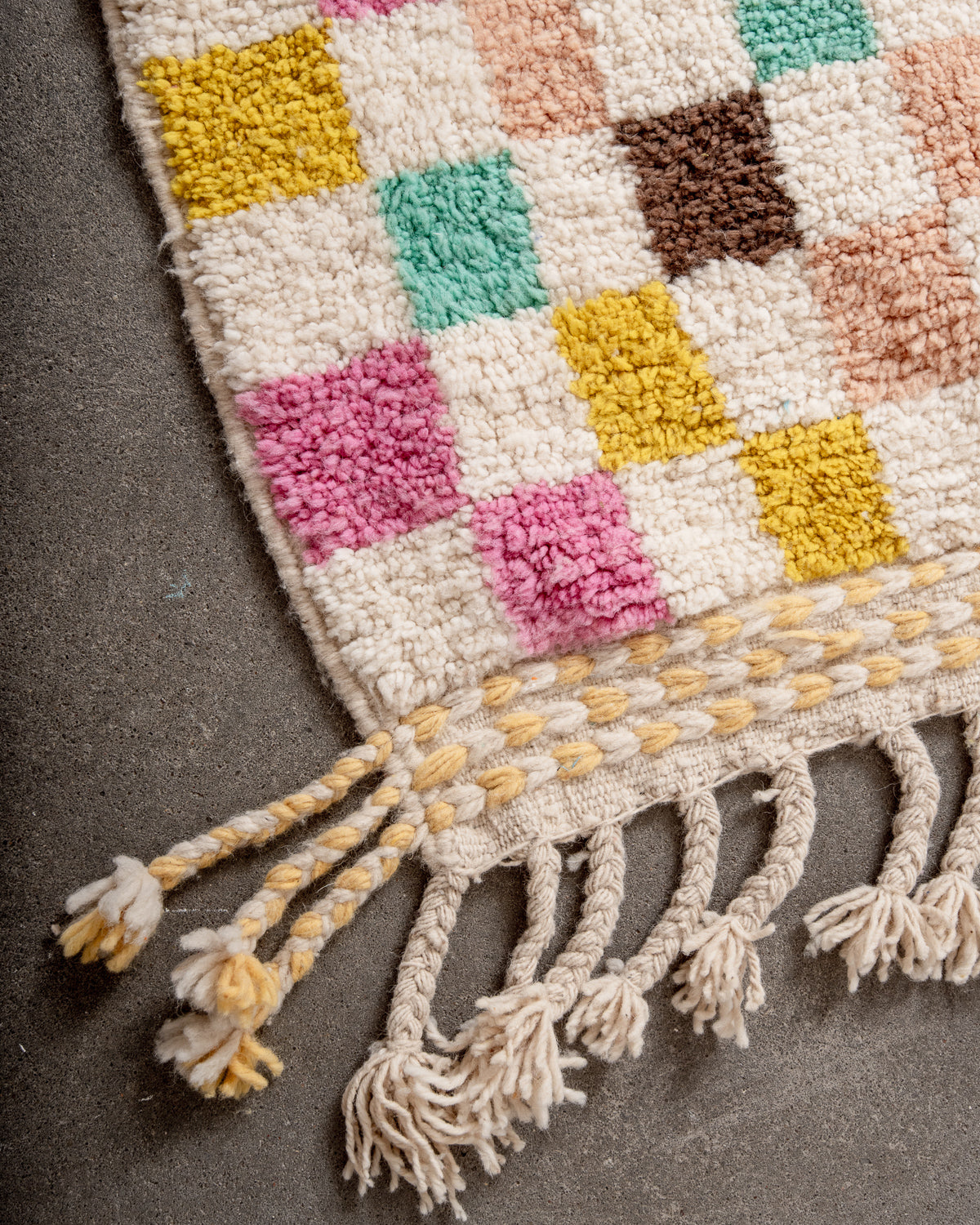 Modern, designer, handcrafted Berber rug from Morocco. Beniourain carpet with beautiful colours and patterns and fluffy wool texture.